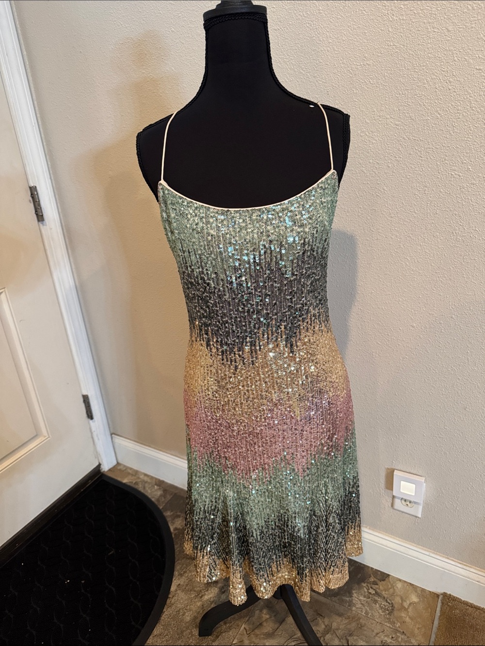 Badgley Mischka Sequined Ombre Slip Midi Dress in Mint, Pink & Gold